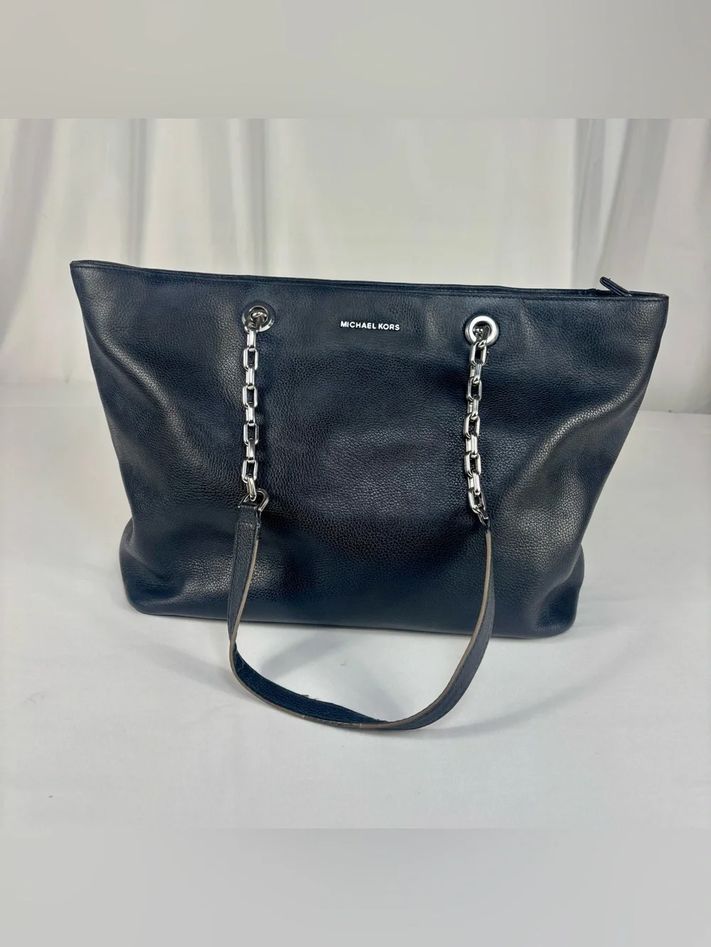 Michael Kors Large Pebbled Leather Chain Tote Bag Navy Silver Hardware
